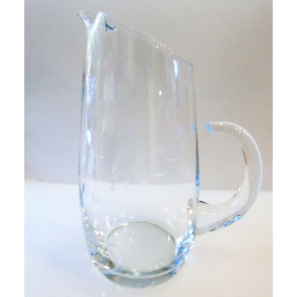 VTG GLASS PITCHER 54oz Slant Top Ruffled Spout Open Handle Floral Etched Water - Picture 1 of 5